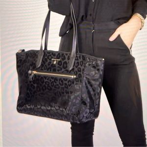 Authentic Michael Kors Kelsey Nylon Black Leopard Tote Bag